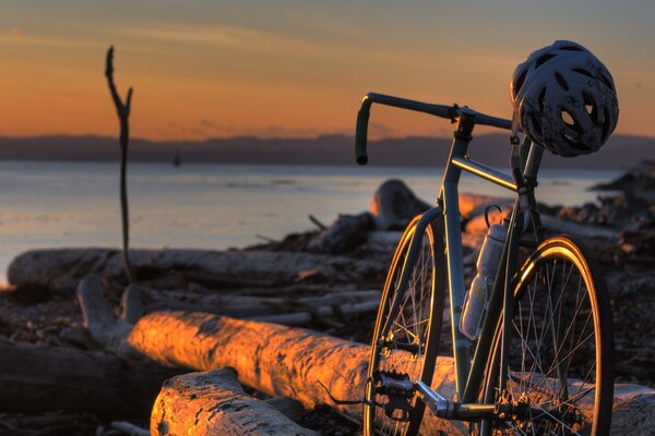 Una bicicletta sulla riva si trova su tronchi