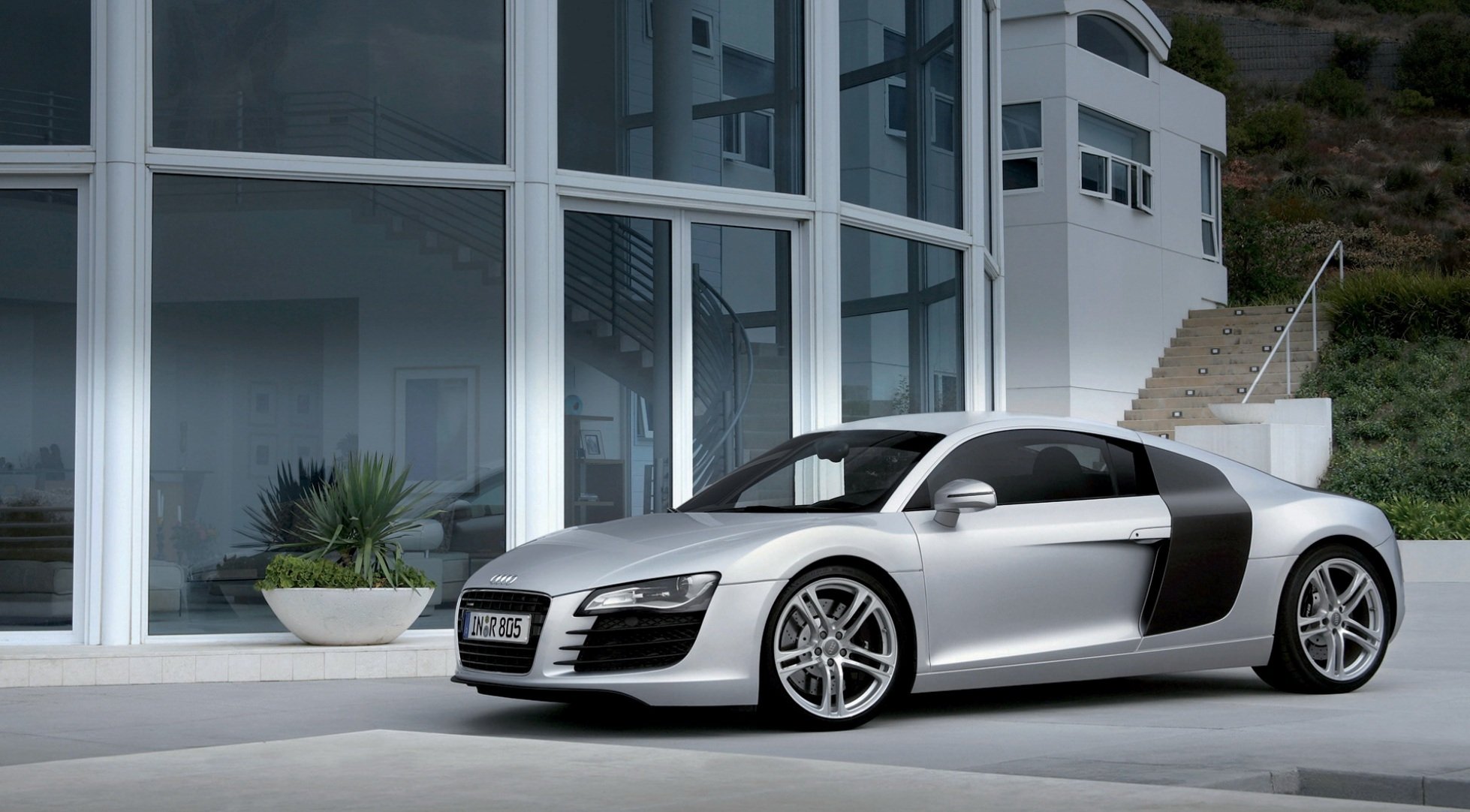 audi r8 2007 montagne bâtiment blanc argent maison luxe sport audi