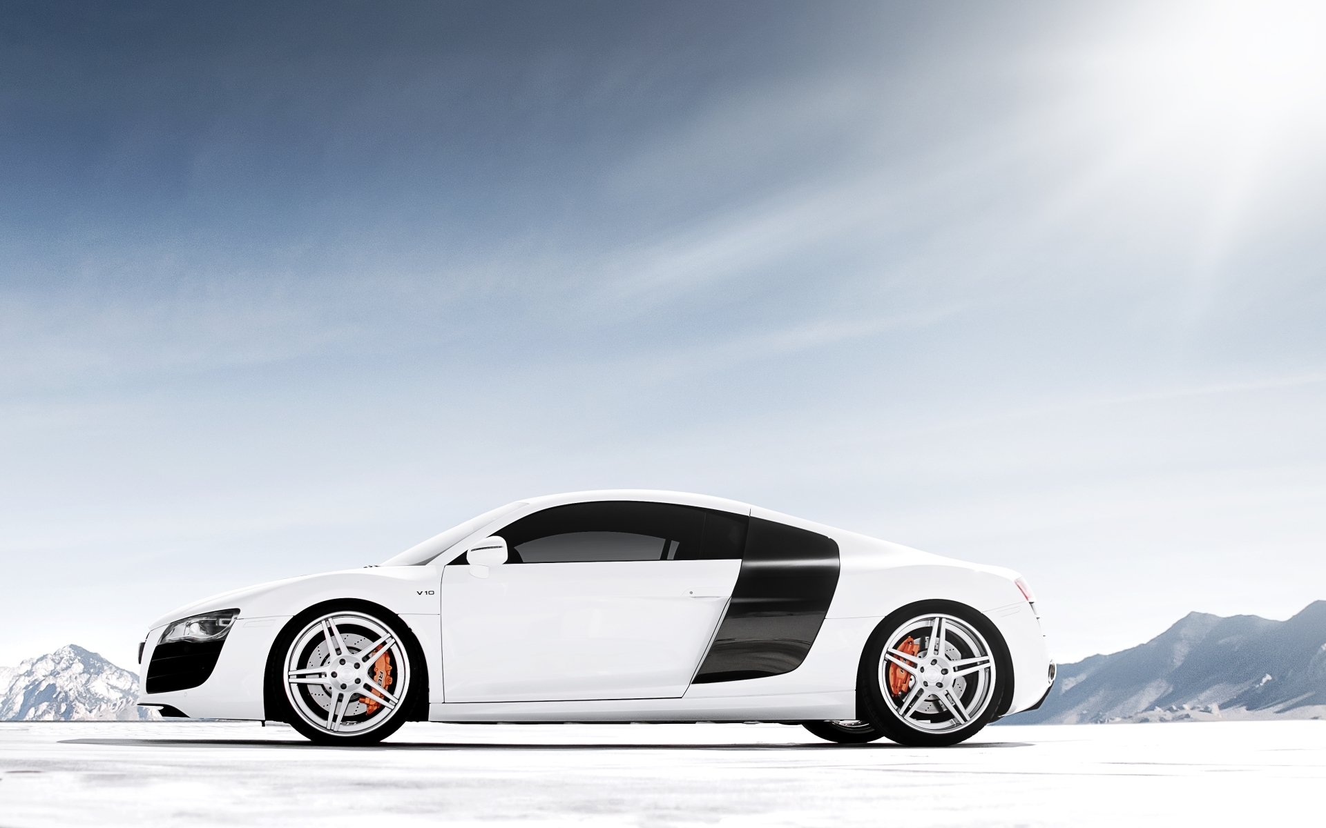 audi r8 v10 audi p8 b10 supercar white side view tuning wheels mountains sky