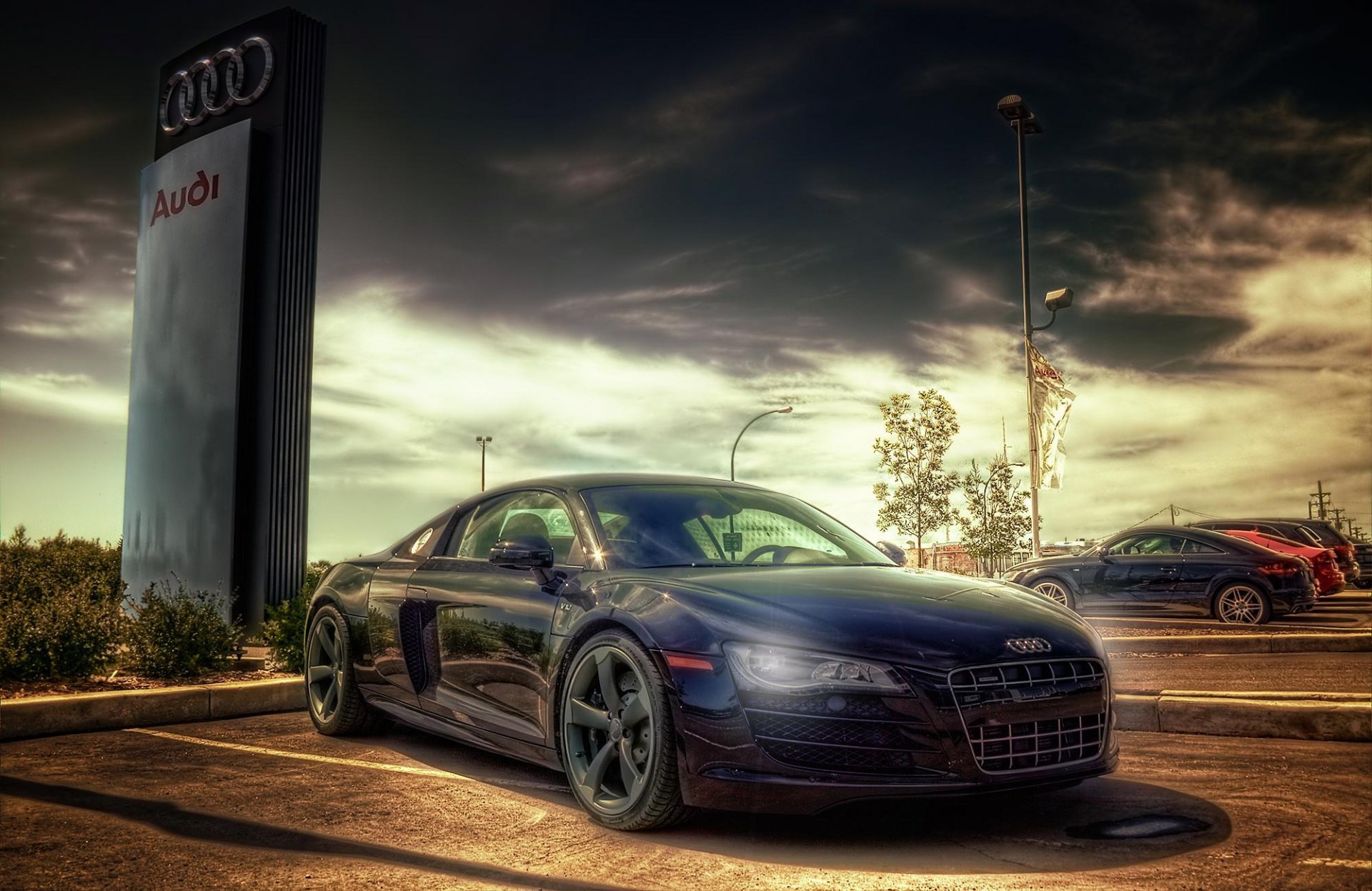 audi r8 tt a5 q7 nero parcheggio showroom cielo hdr