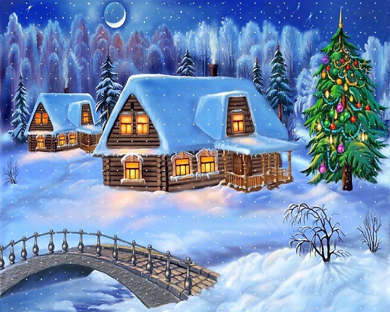 winter snow house christmas tree bridge