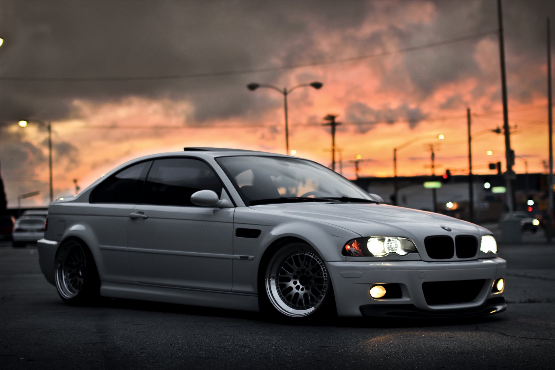 bmw m3 e46 blanc bmw ville ciel coucher de soleil