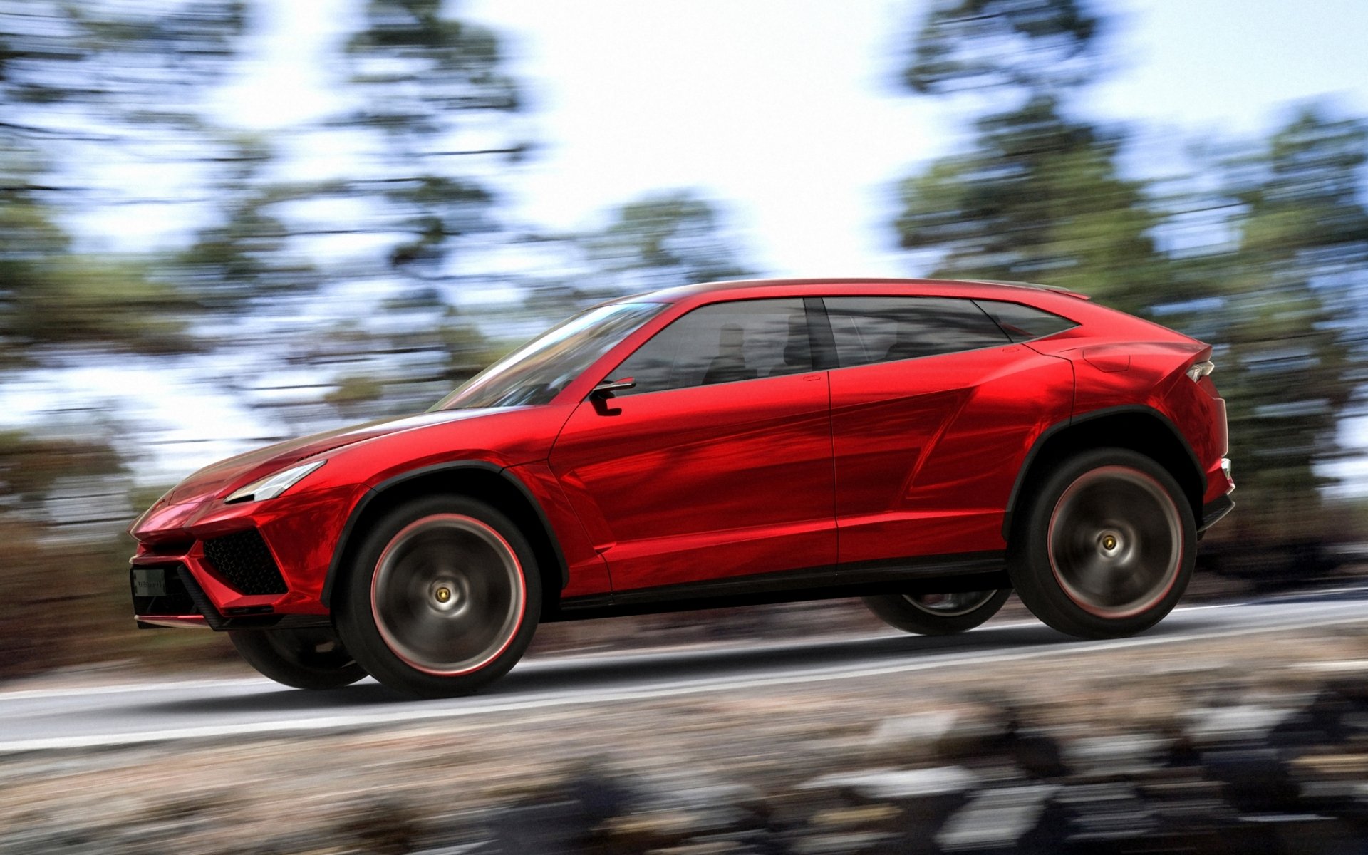 lamborghini urus konzept lamborghini konzept jeep rot seitenansicht bäume geschwindigkeit himmel