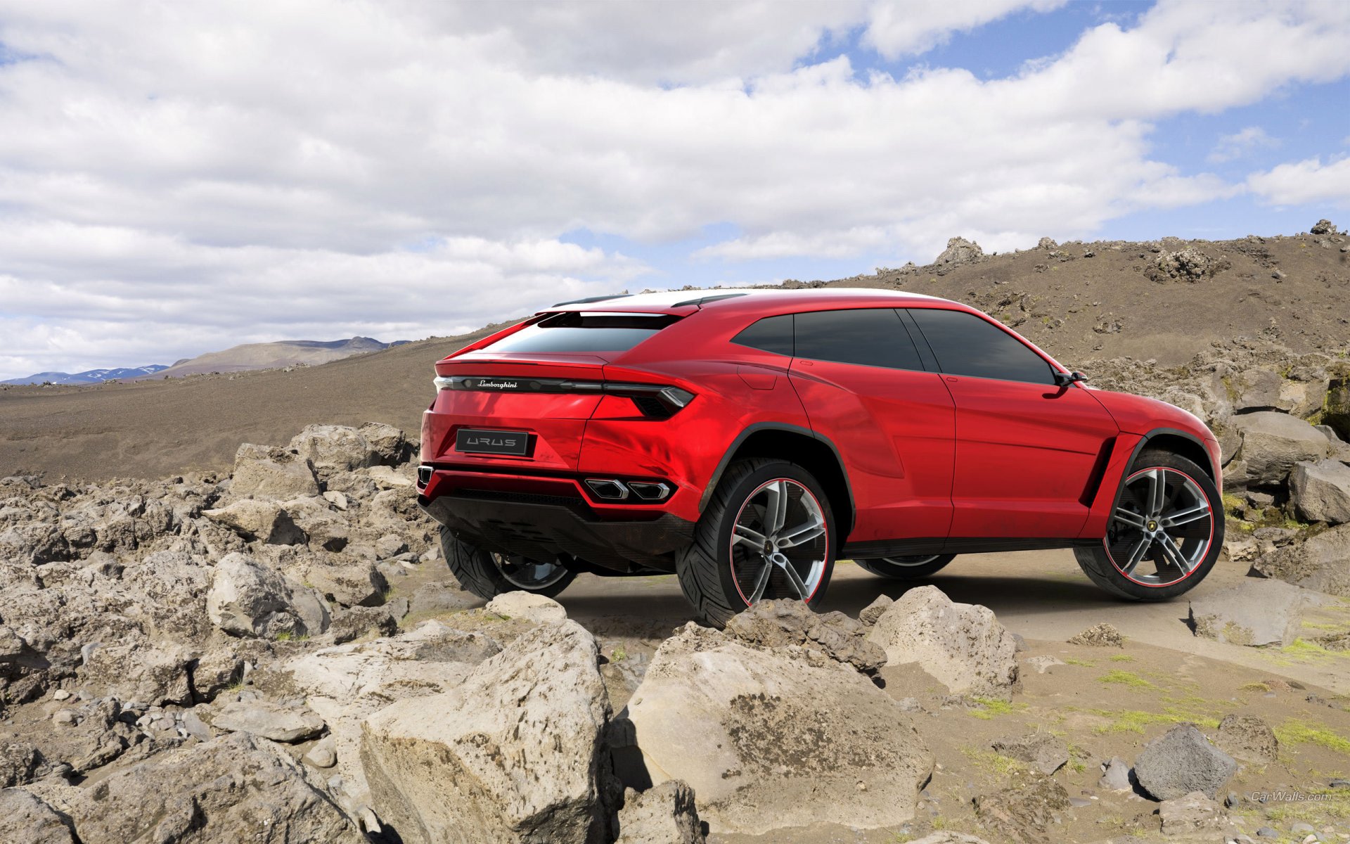 lamborghini urus concept lamborghini concept jeep rosso vista posteriore pietre cielo