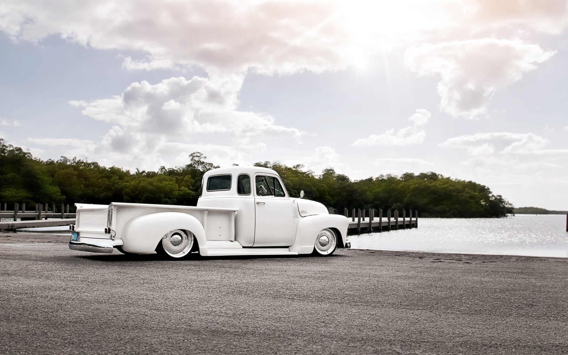 gmc pickup c152 1941 gmc pickup retro tuning lowrider lowrider rear view white shore pier sky sun