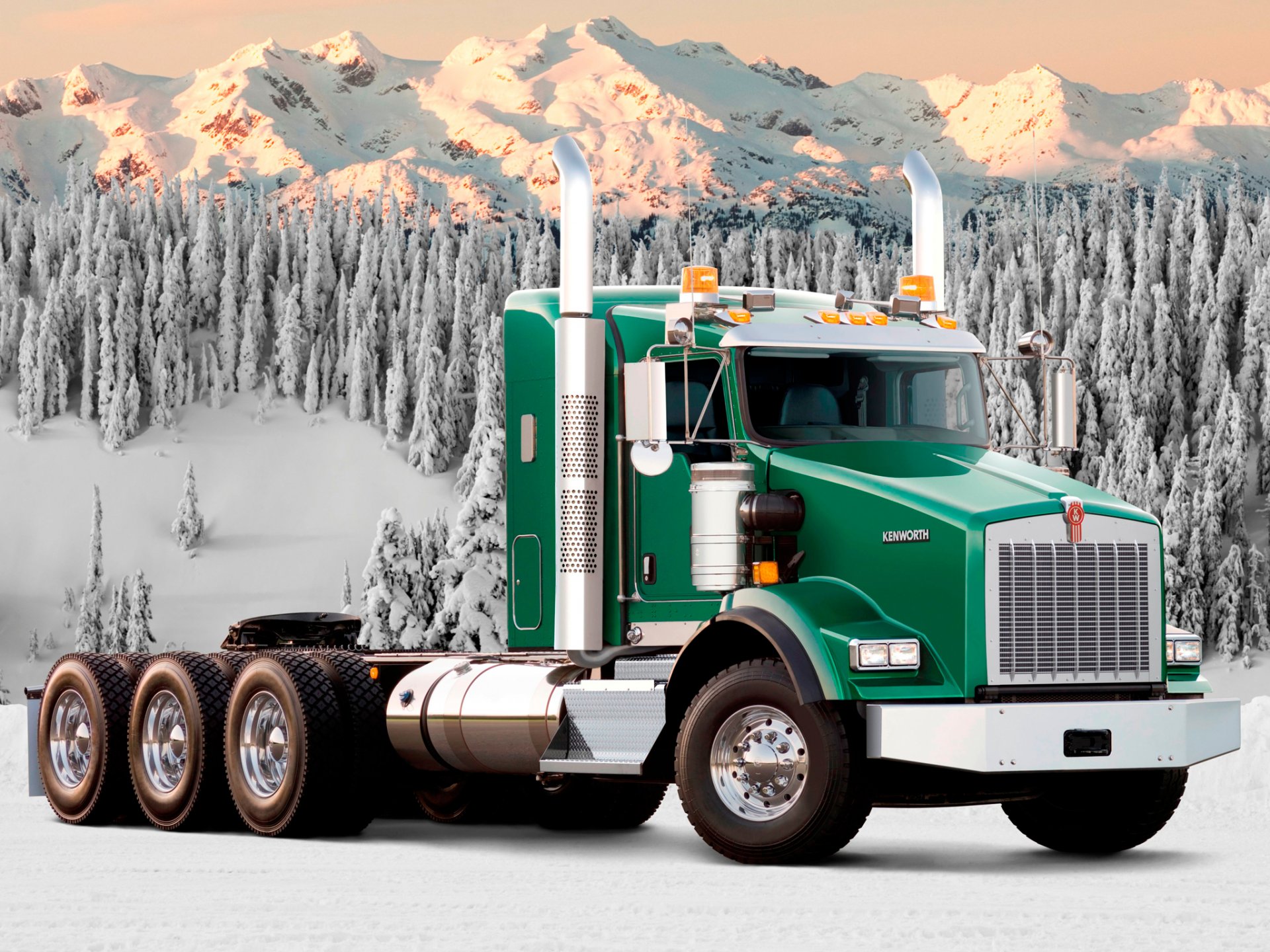 kenworth t800 kenworth t800 camión tractor camión pista frente nieve bosque montaña