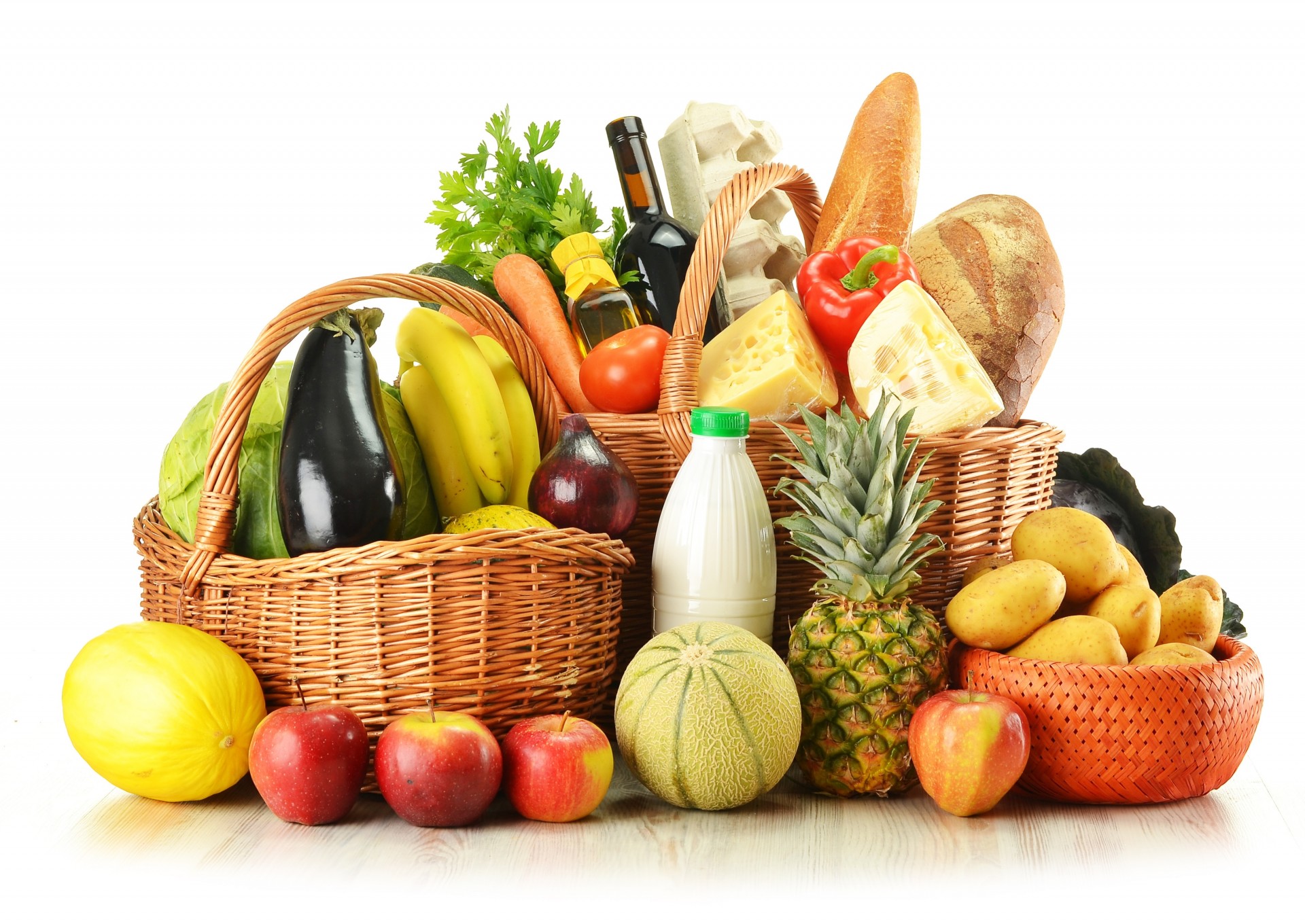 flaschen obst körbe wein brot eier essen