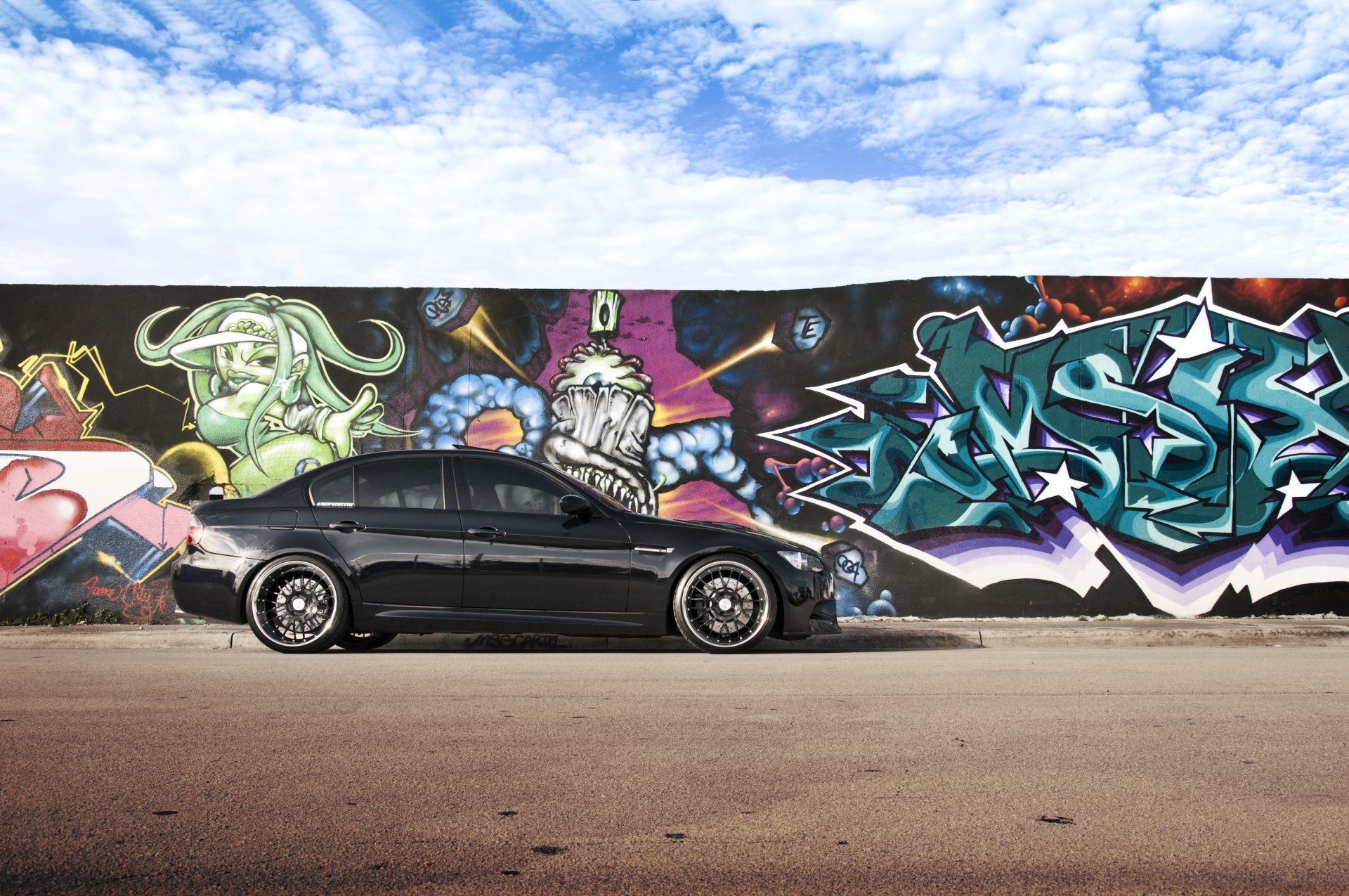 bmw m3 e90 noir bmw graffiti ciel nuages