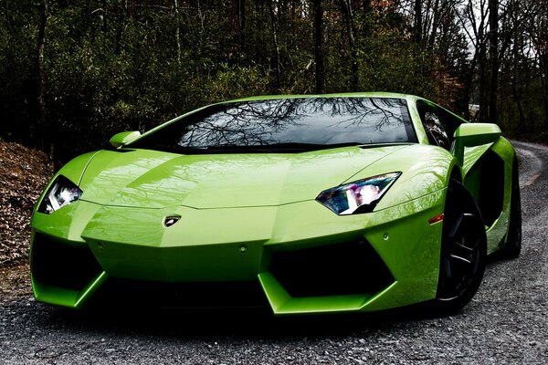 A green Lamborghini on an asphalt road