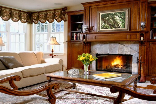 Cozy living room with fireplace and vintage furniture