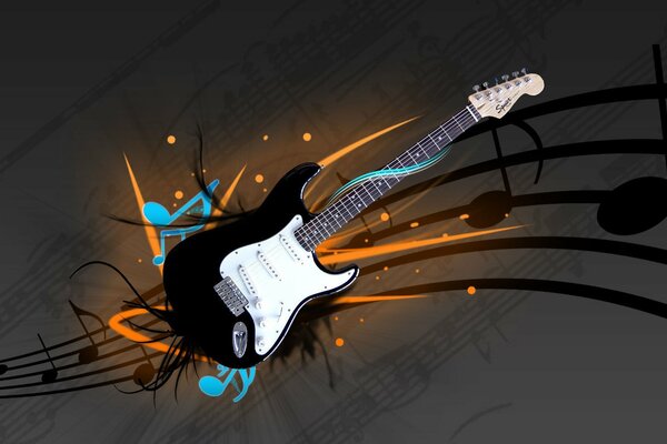 Dibujo de la guitarra eléctrica en el fondo de las notas