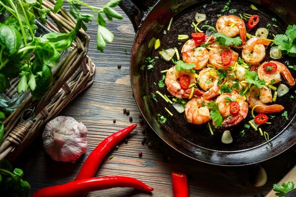 Recipe for fried shrimp in a frying pan with garlic and herbs