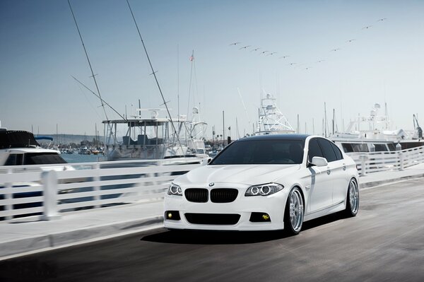 Weißer BMW fährt in Seehafen