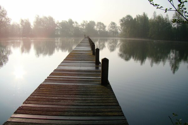 Holzbrücke am nebligen See