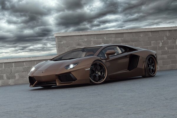 Modern Lamborghini supercar and grey clouds