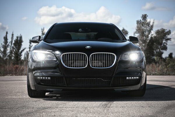 Bmw série 7 noire avec phares allumés dans la nature