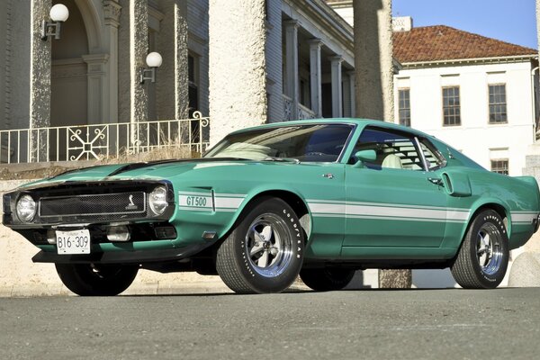 Green mustang on the background of the city