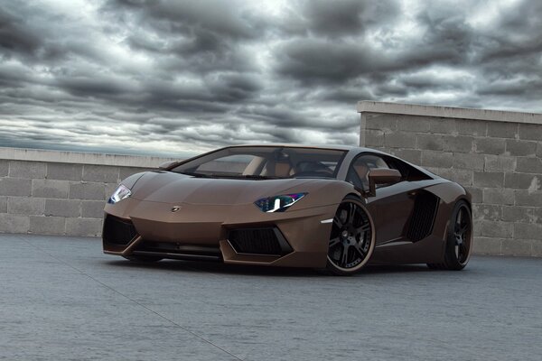 Modern Lamborghini supercar and grey clouds