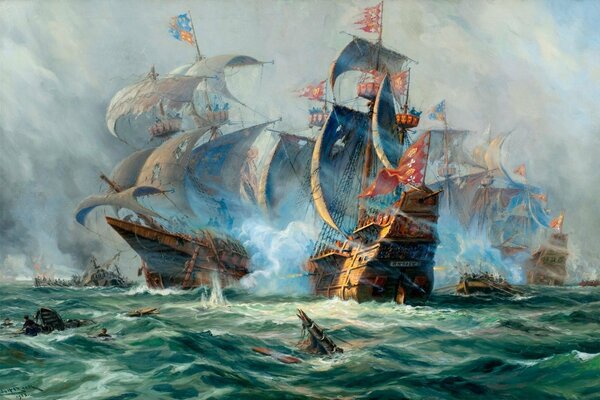 Painting where the battle of ships is painted