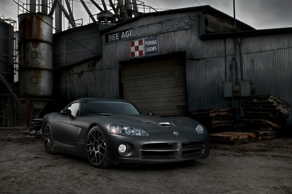 Matte Dodge Viper auf dem Hintergrund der Gebäude