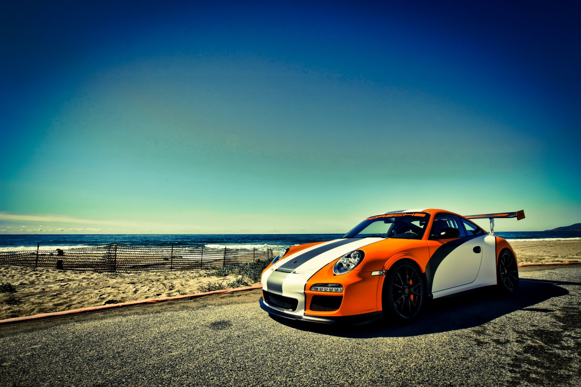 porsche 911 gt3 pc orange porsche sky sea