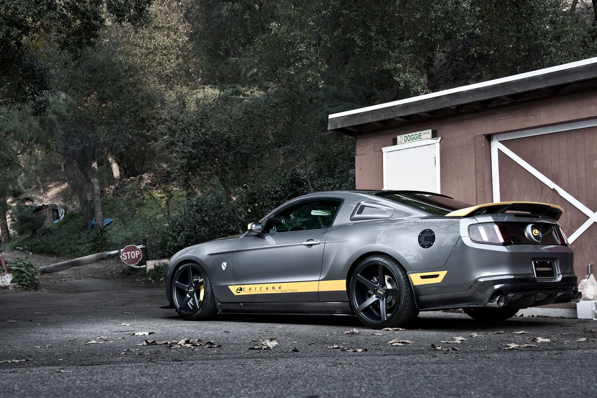 ford mustang gt silber silber muscle car rückseite verkehrsschild anhalten bäume straße wald