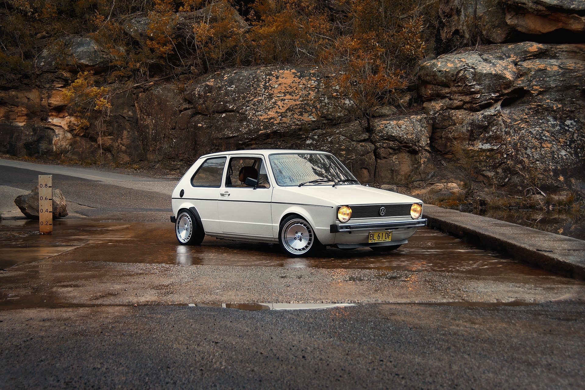 auto cars volkswagen vw golf mk1 white classic rabbit nature road rise creek cars wallpaper