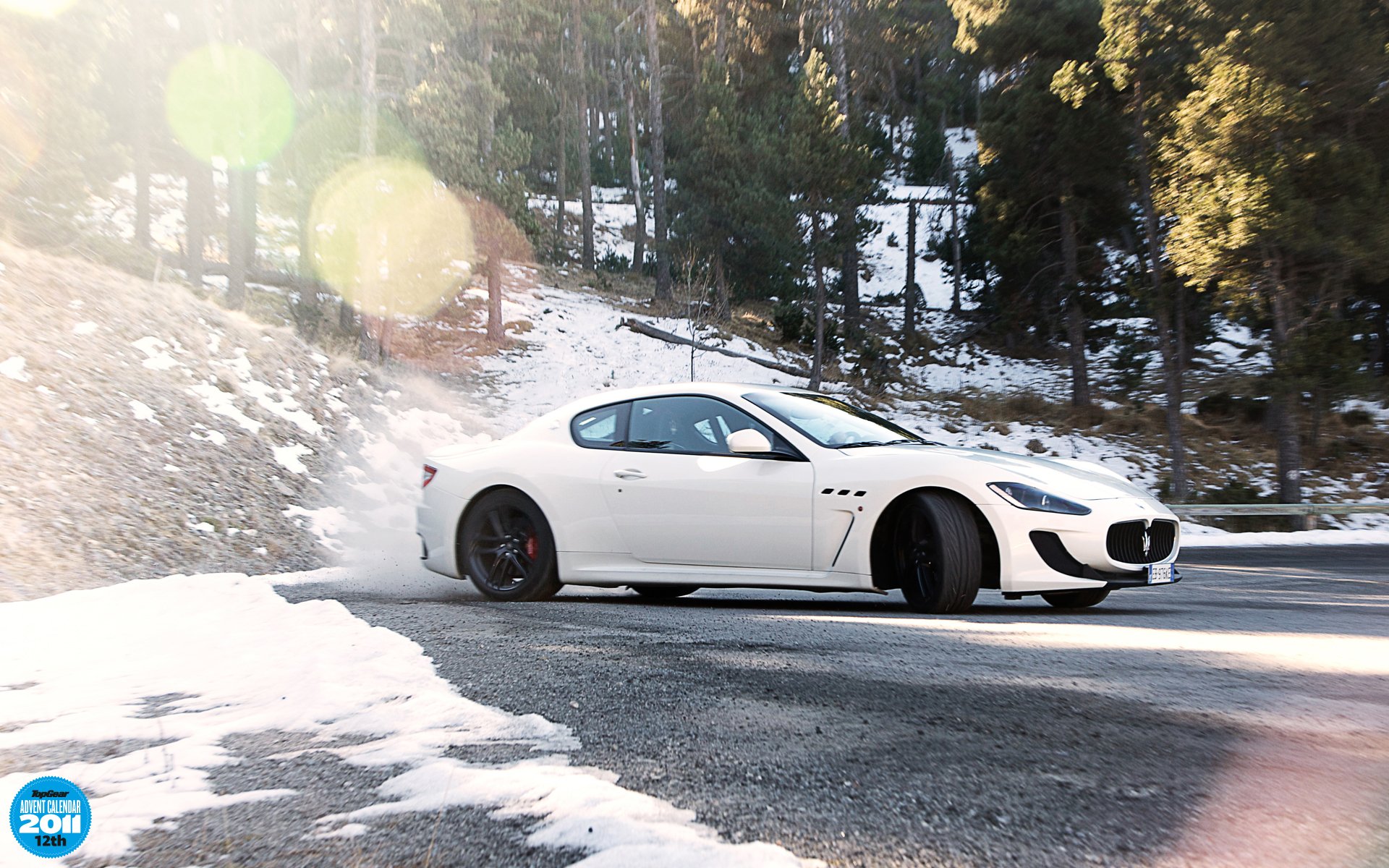 top gear appearance calendar top gear top gear maserati granturismo mc stradale maserati gran turismo supercar white side view skid snow forest tree