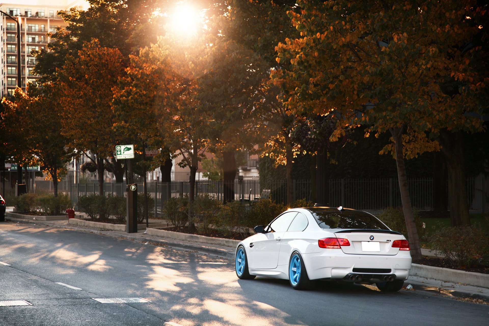 bmw m3 e92 white ind bmw autumn. sun glare