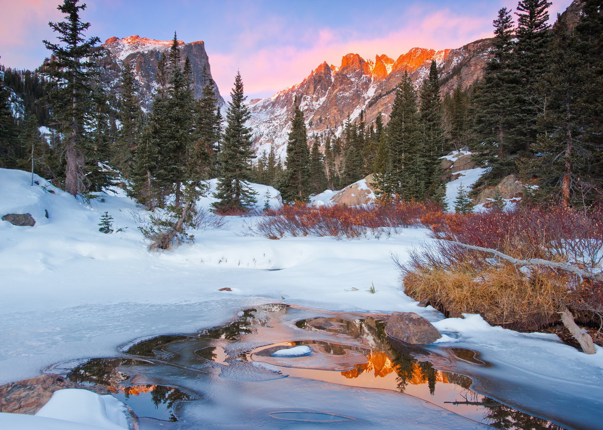 nature winter forest river mountain