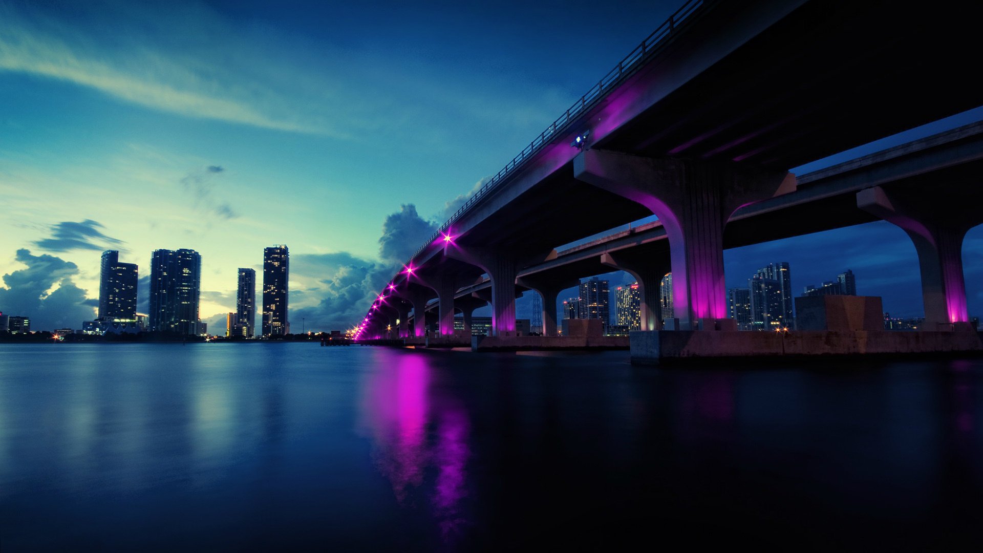 lumières usa pont soirée rivière gratte-ciel floride