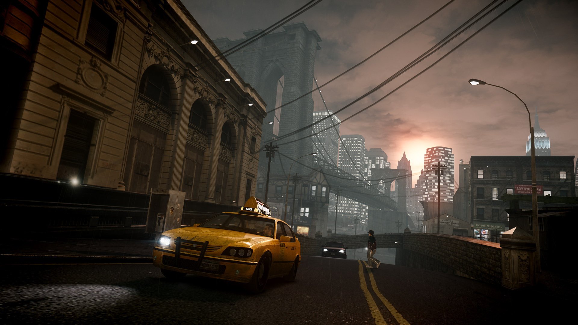 taxi grand theft auto iv nowy jork most wieczór deszcz zachód słońca