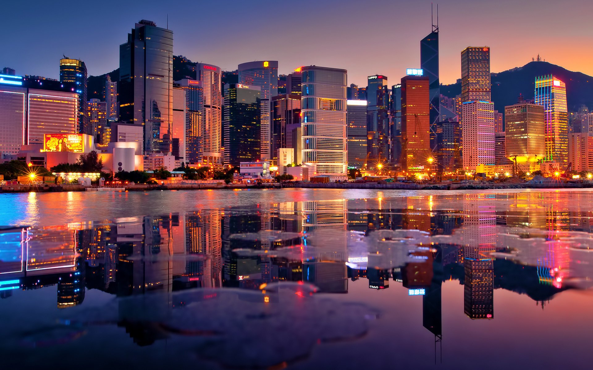 hongkong abend bucht wolkenkratzer sonnenuntergang lichter gebäude