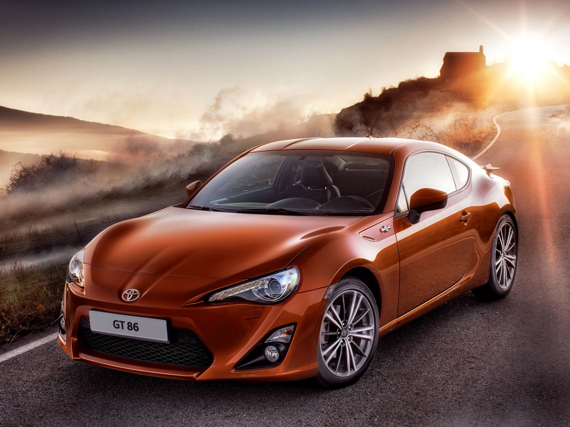 toyota gt 86 тойота гт 86 спорткар купе хачироку hachiroku передок дорога туман небо солнце рассвет