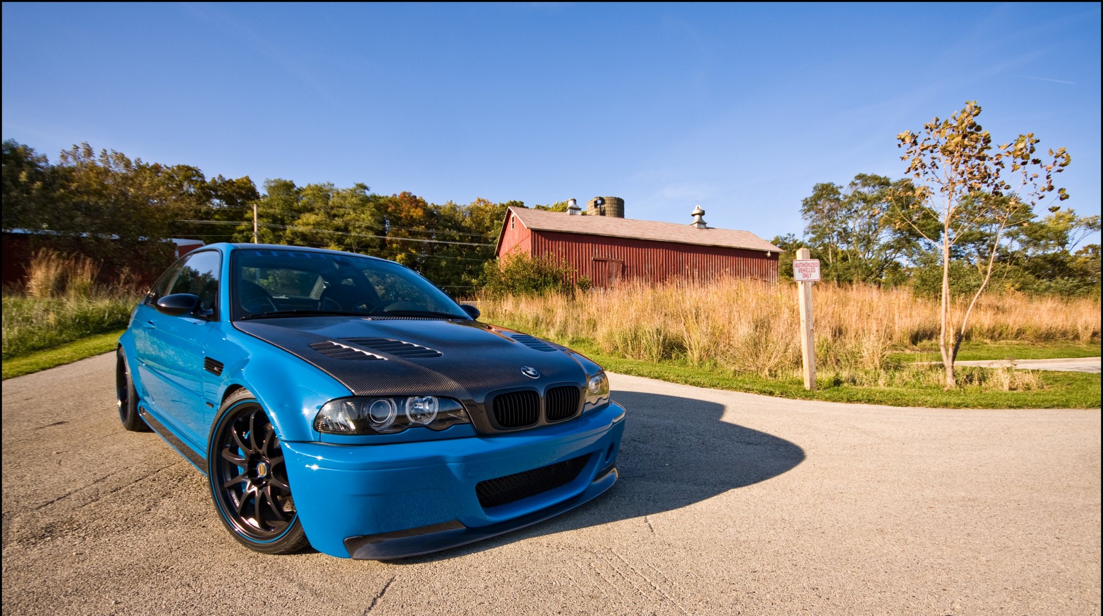 bmw m3 e46 blue bmw blue hood carbon fiber country road