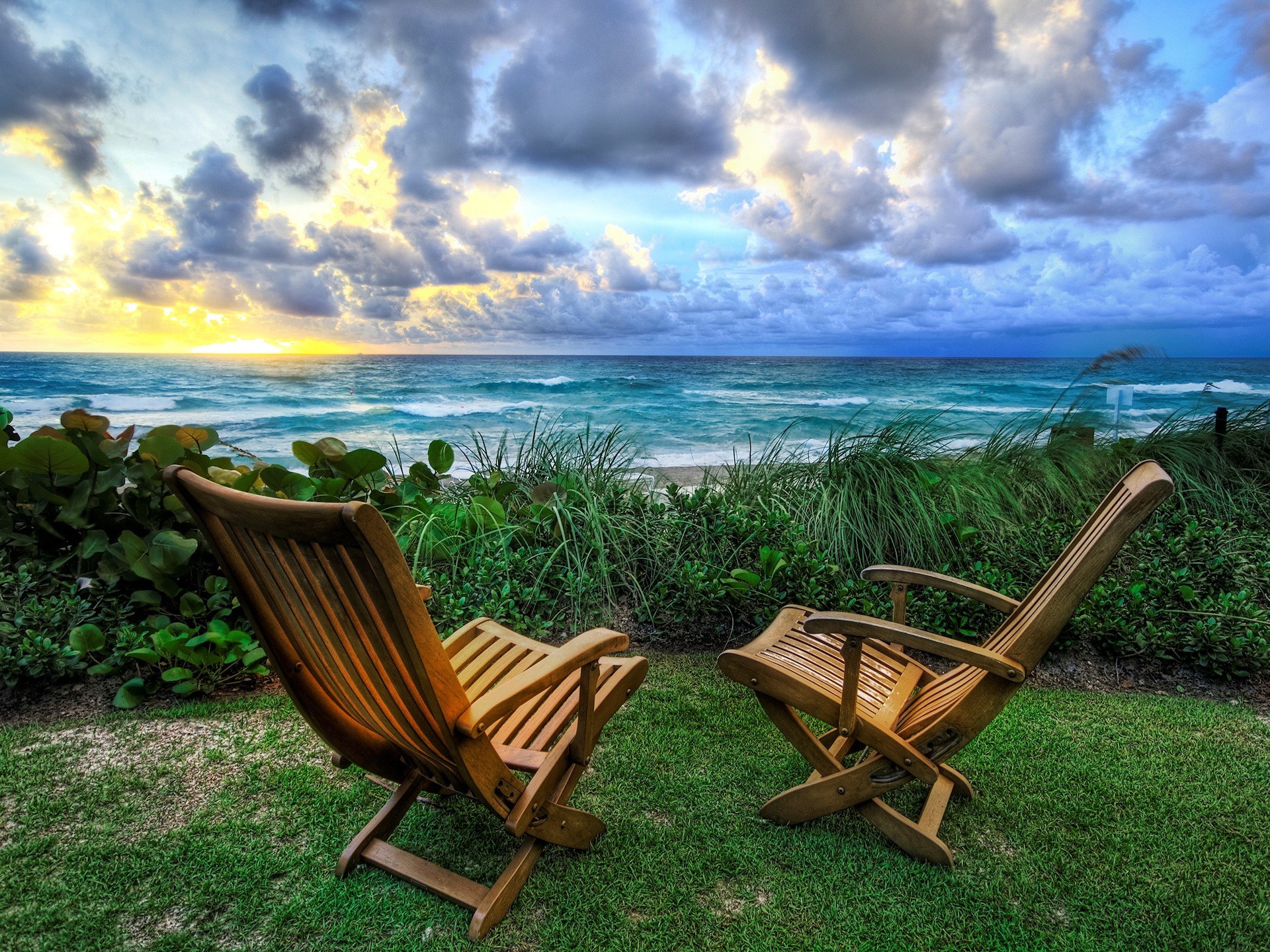 nature chairs sea sunrise