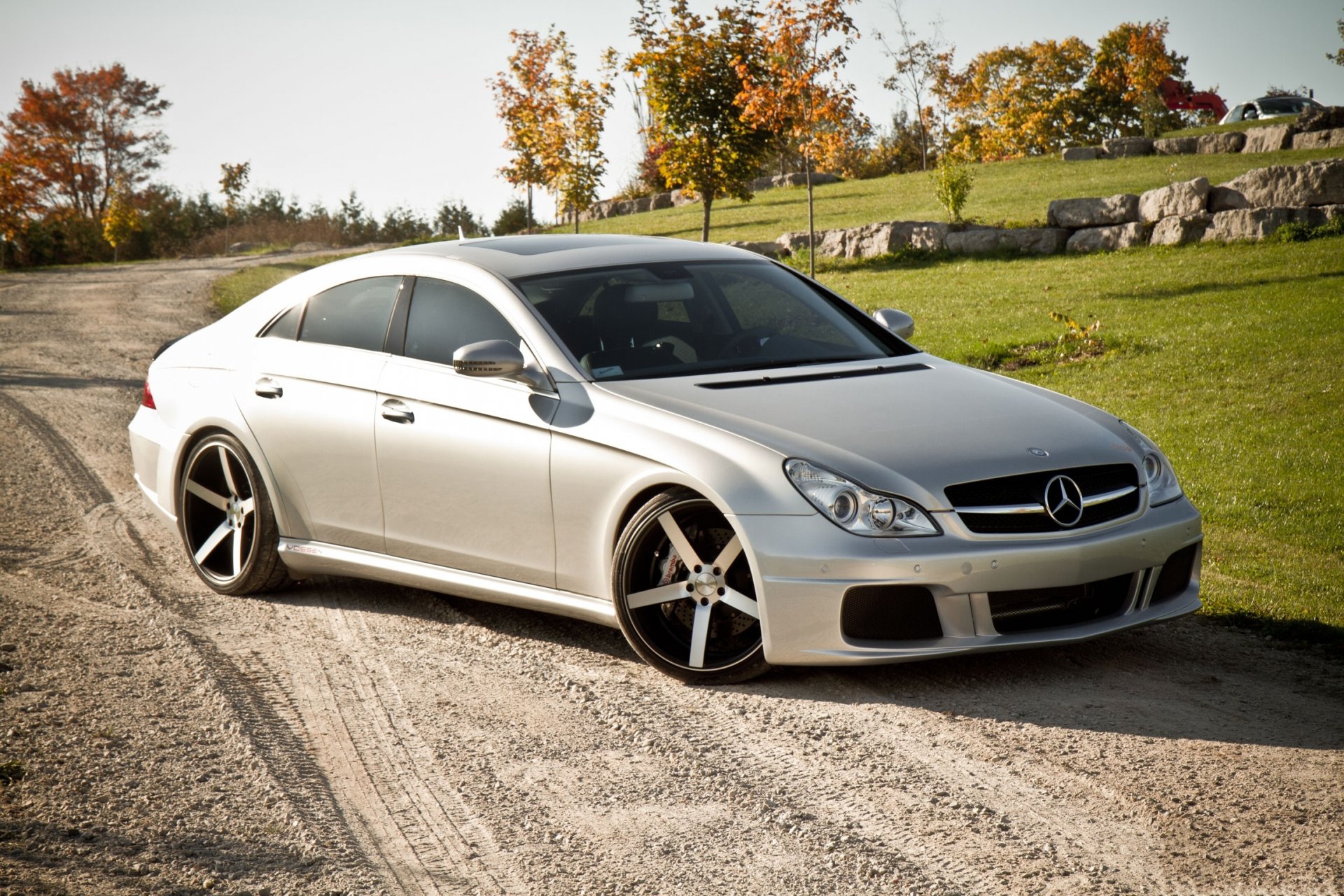 mercedes-benz cls tuning car machinery tree stone