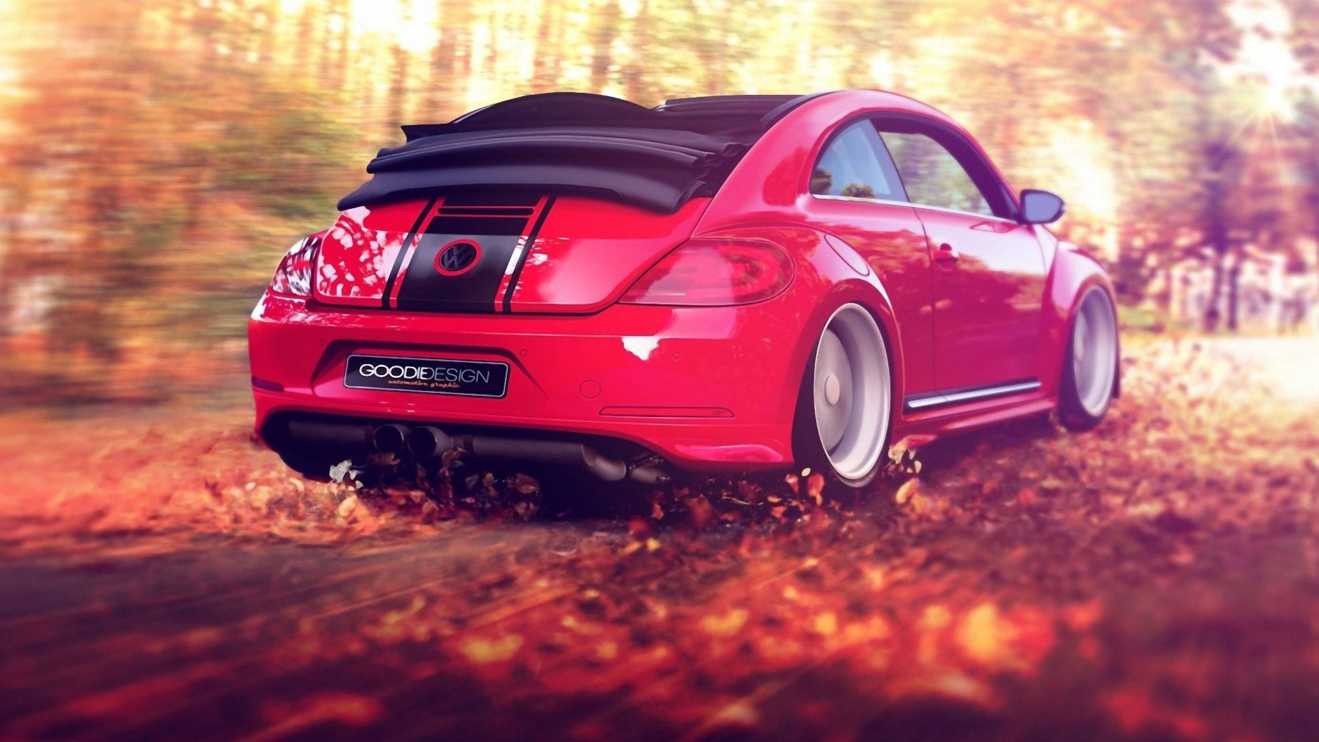 volkswagen beetle red convertible leaves foliage speed wind autumn forest