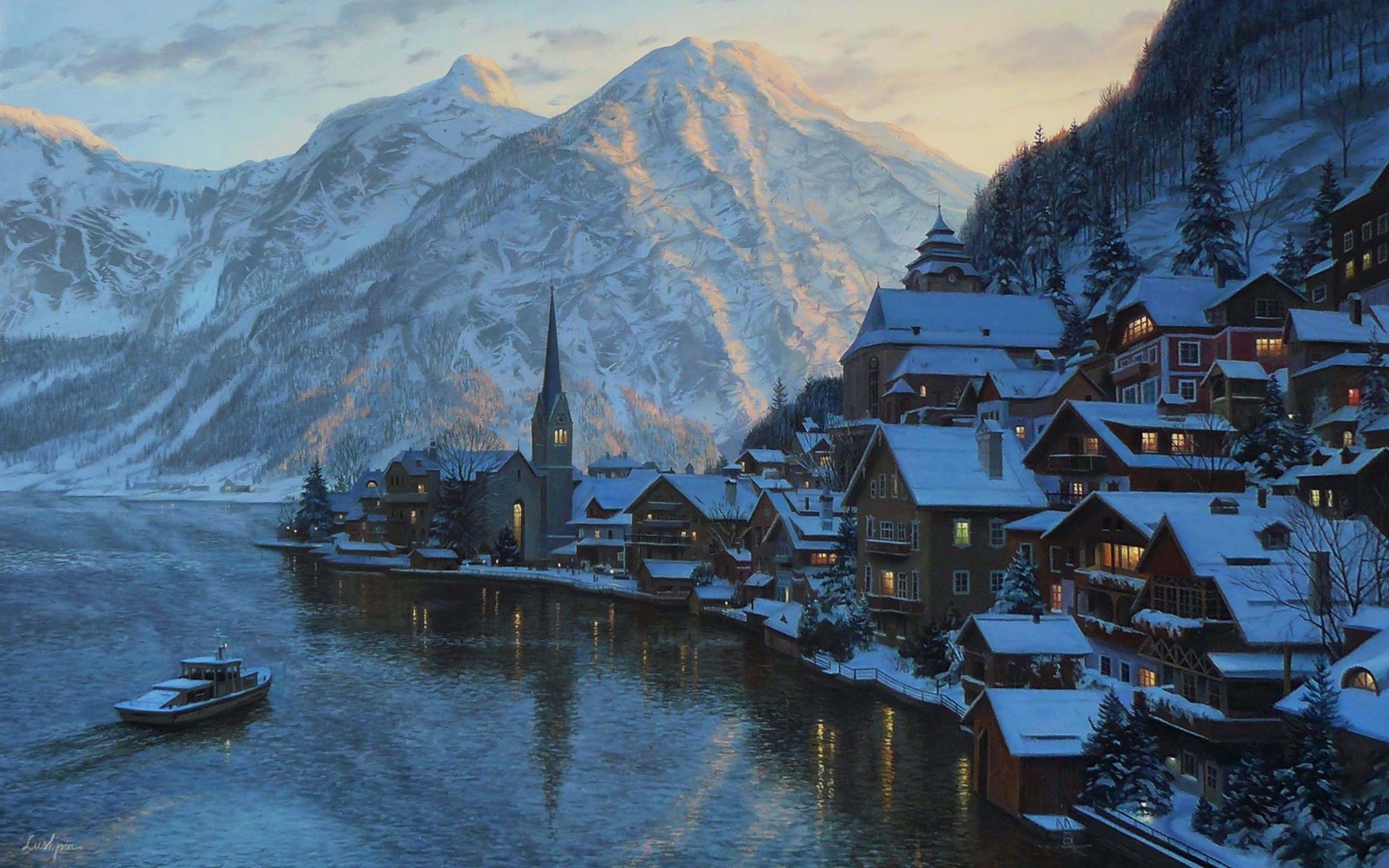 evgeny lushpin painting alps hallstatt austria lake mountains lushpin the city village