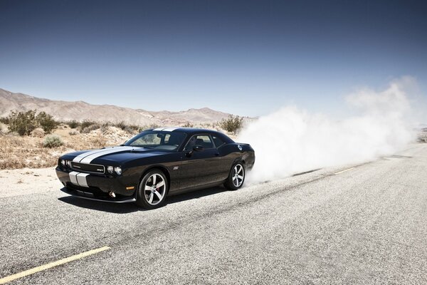 Schwarzer Dodge Challenger mit sportlichen weißen Streifen