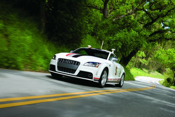 Sporty white Audi flying at high speed on the highway