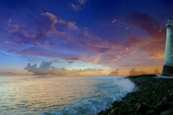 Waves beat against the shore with a lighthouse