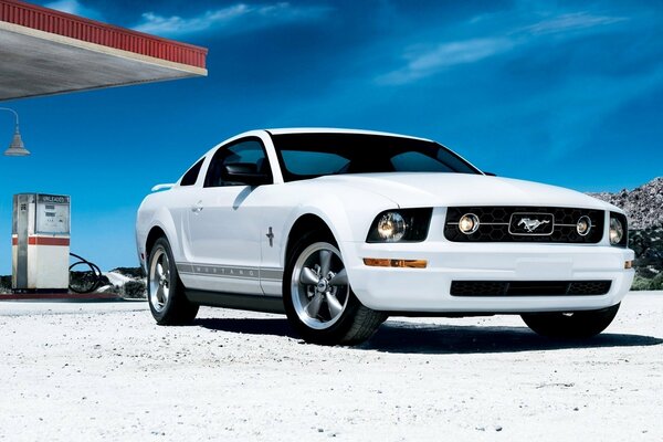 Mustang blanco en la gasolinera