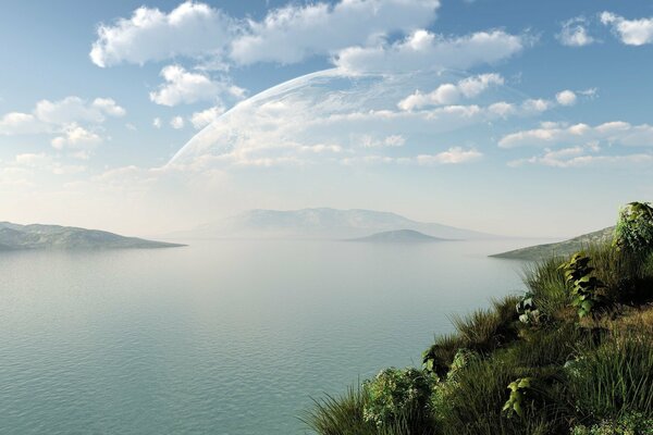 Landschaft des azurblauen Teiches mit blauem Himmel