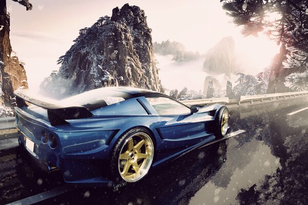 Chevrolet blu, corvetta su una strada innevata con vista sulle montagne