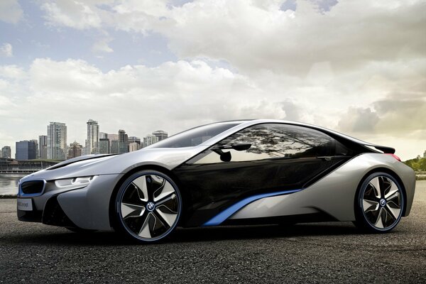 BMW I 8 car with blue stripes