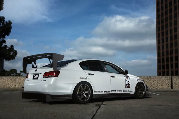 White tuning Lexus, gs, 450h on asphalt side view