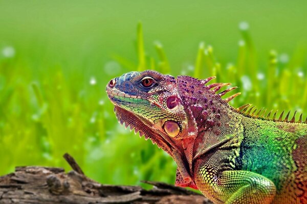 Lézard multicolore sur fond vert