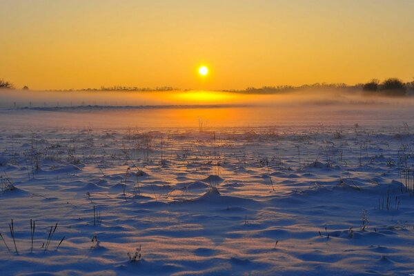 Winter evening with sunset