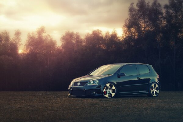 Volkswagen in the clearing. Car on the background of trees